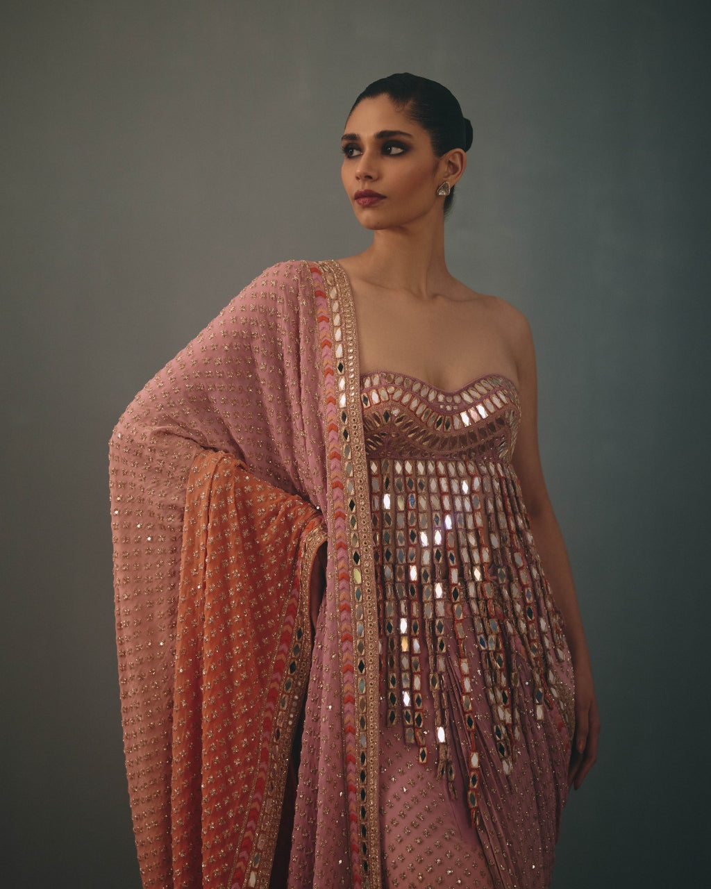 Baby Orchid & Peach Shaded Hand Embroidered Sari & Blouse With Tassel Detailing