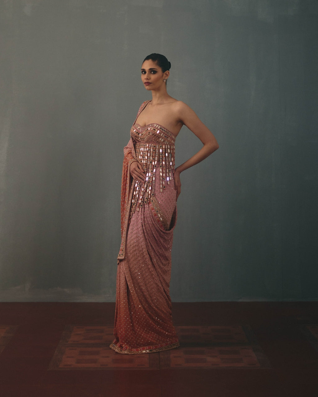 Baby Orchid & Peach Shaded Hand Embroidered Sari & Blouse With Tassel Detailing