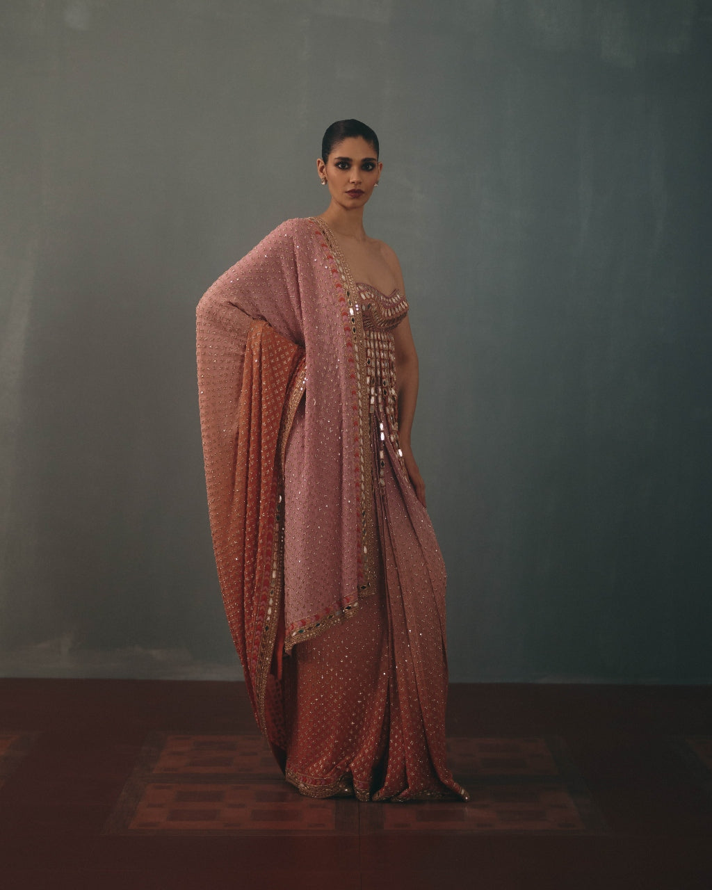 Baby Orchid & Peach Shaded Hand Embroidered Sari & Blouse With Tassel Detailing