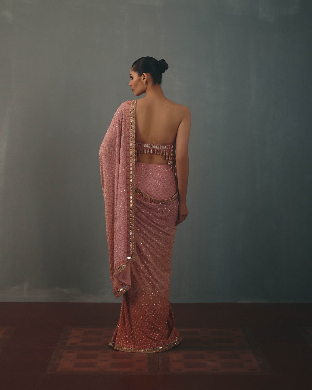 Baby Orchid & Peach Shaded Hand Embroidered Sari & Blouse With Tassel Detailing