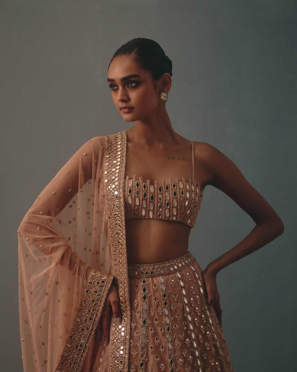 Dust Pink Net Embroidered Lehenga Set