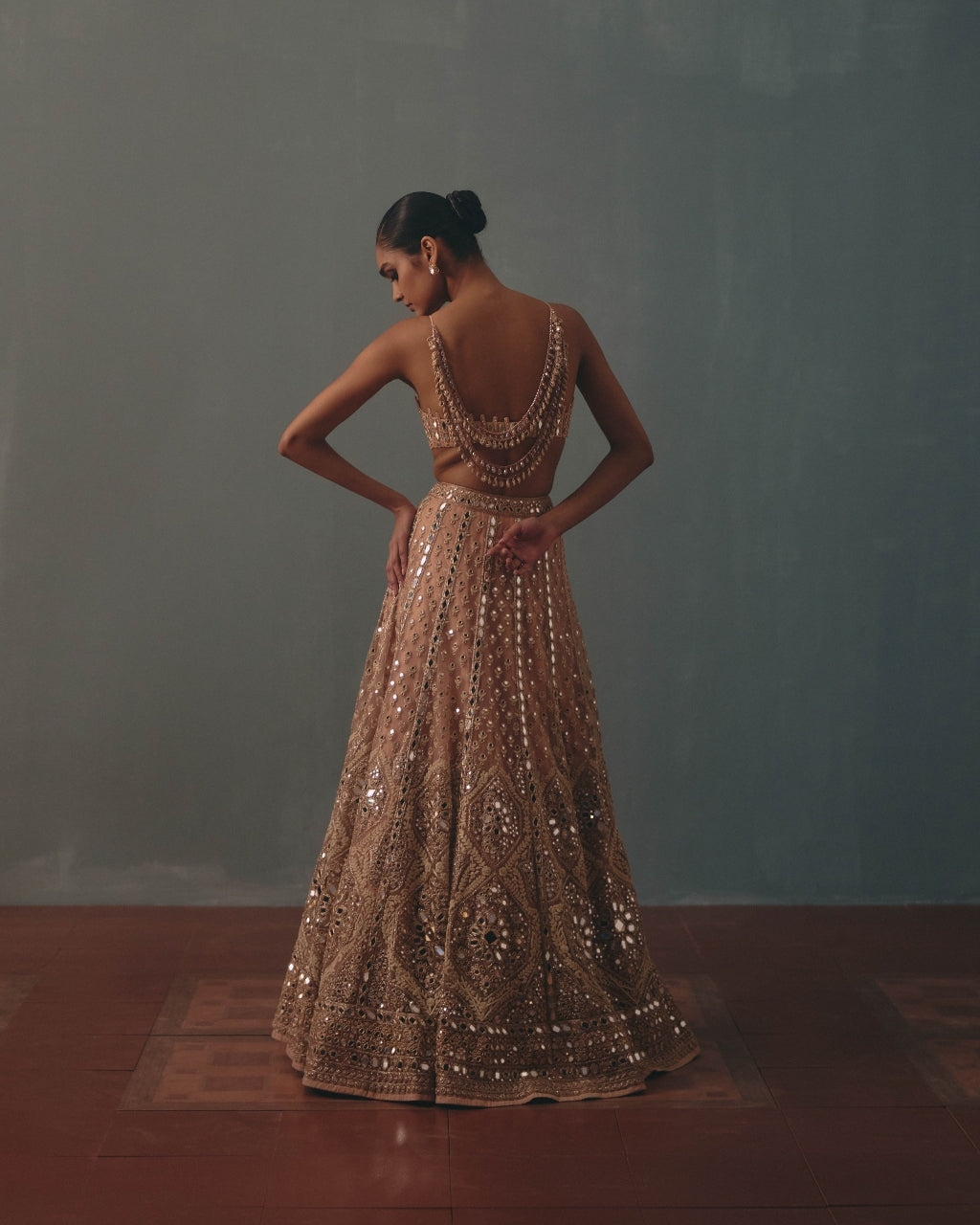 Dust Pink Net Embroidered Lehenga Set