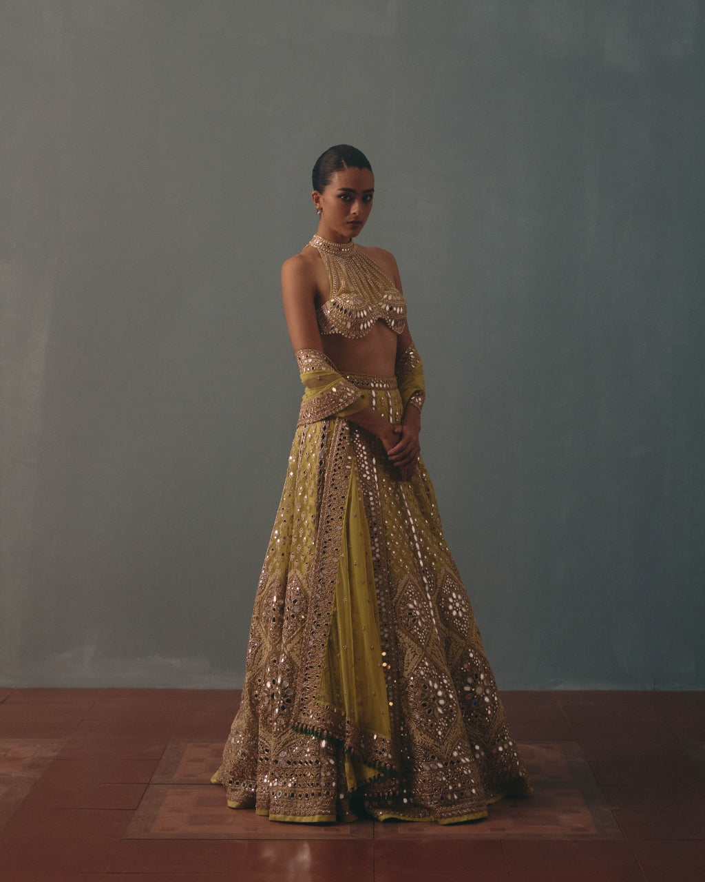 Lime Green Net Embroidered Lehenga & Blouse Set