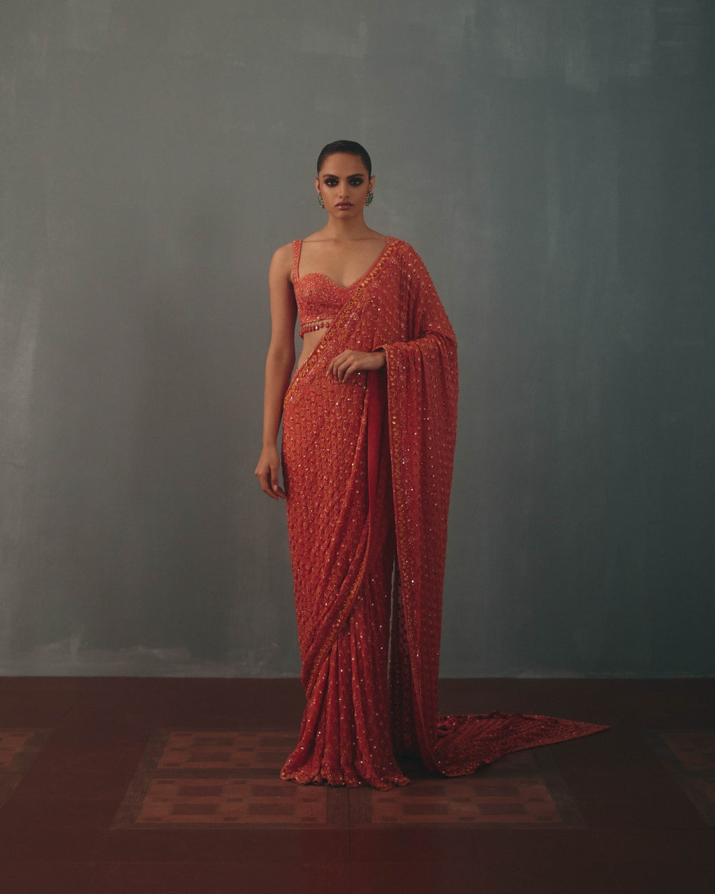 Coral & Multi Thread Hand Embroidered Classic Sari Set