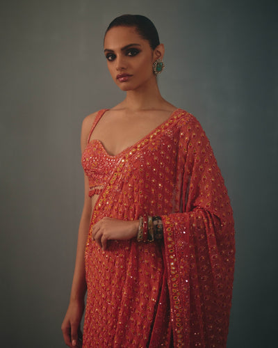 Coral & Multi Thread Hand Embroidered Classic Sari Set