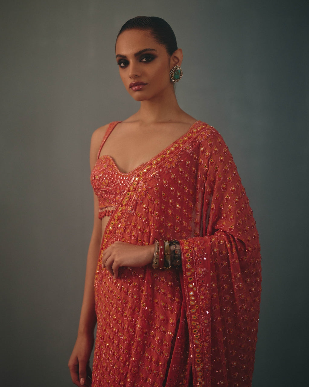 Coral & Multi Thread Hand Embroidered Classic Sari Set