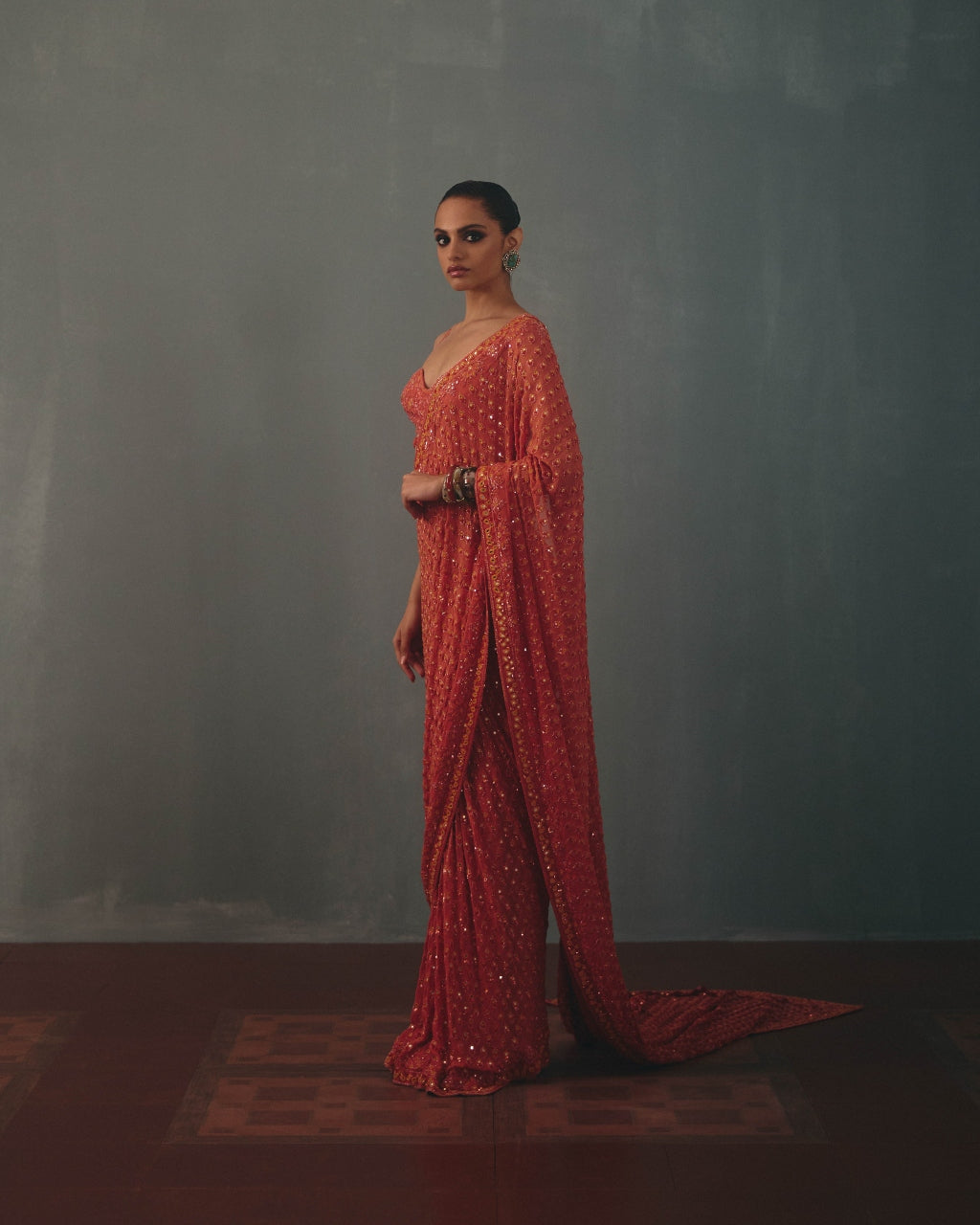 Coral & Multi Thread Hand Embroidered Classic Sari Set