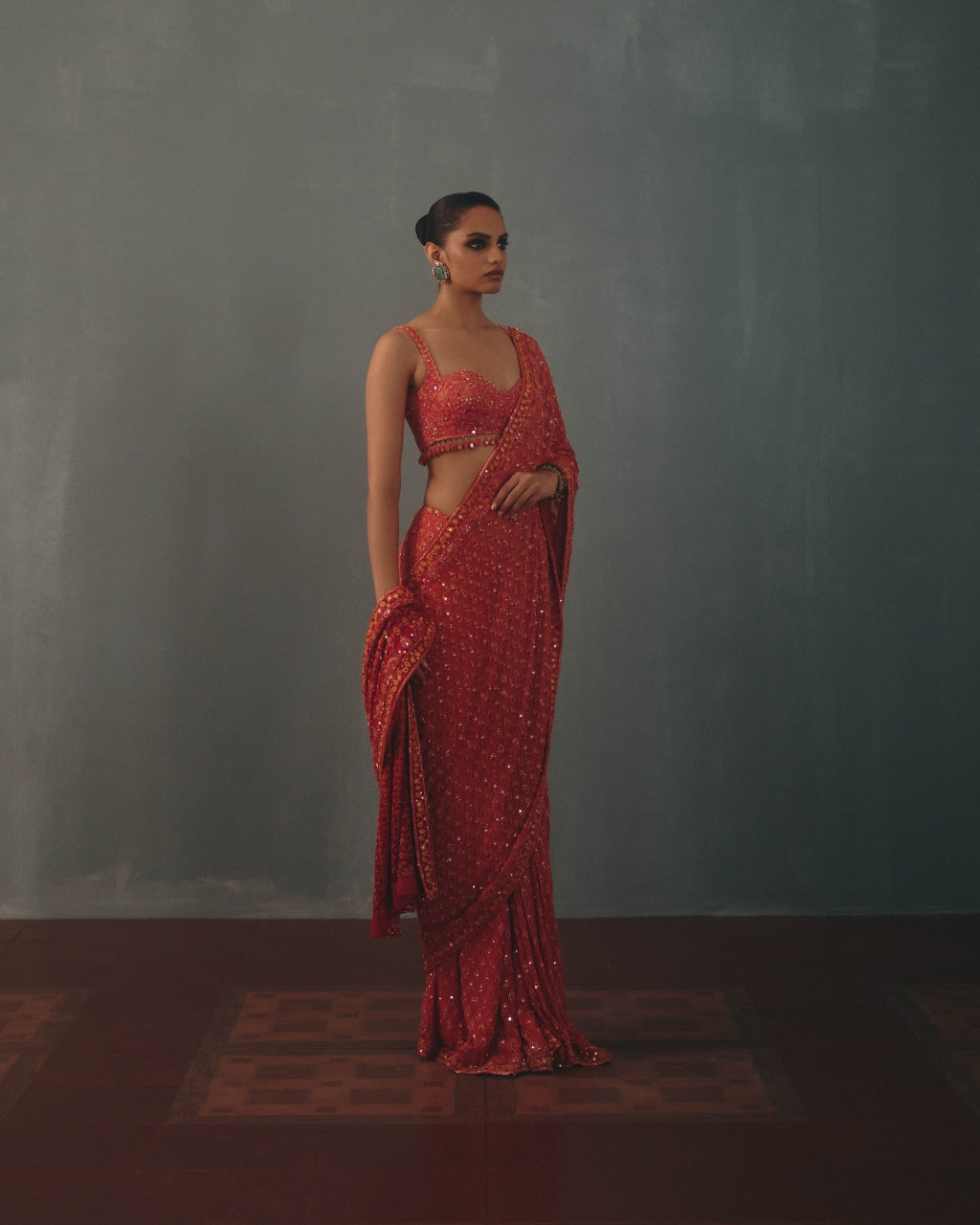 Coral & Multi Thread Hand Embroidered Classic Sari Set