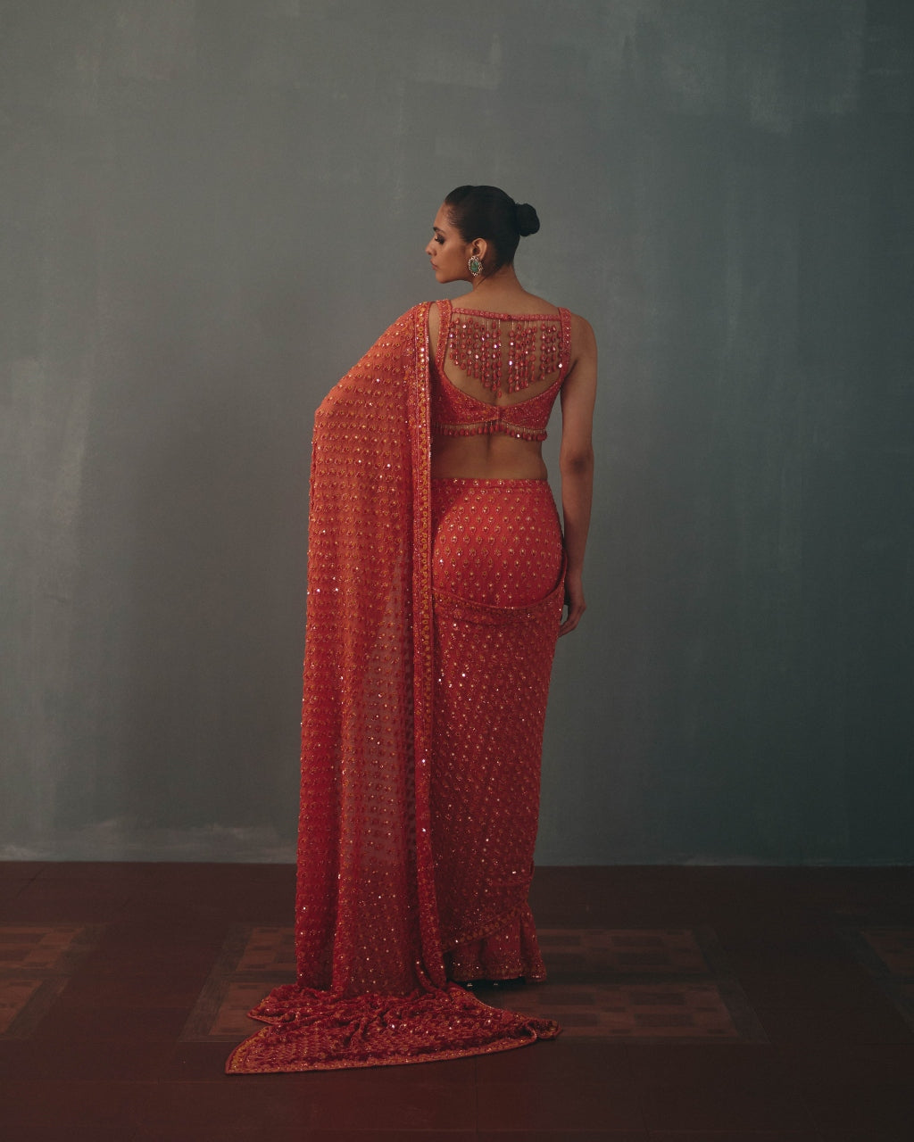 Coral & Multi Thread Hand Embroidered Classic Sari Set