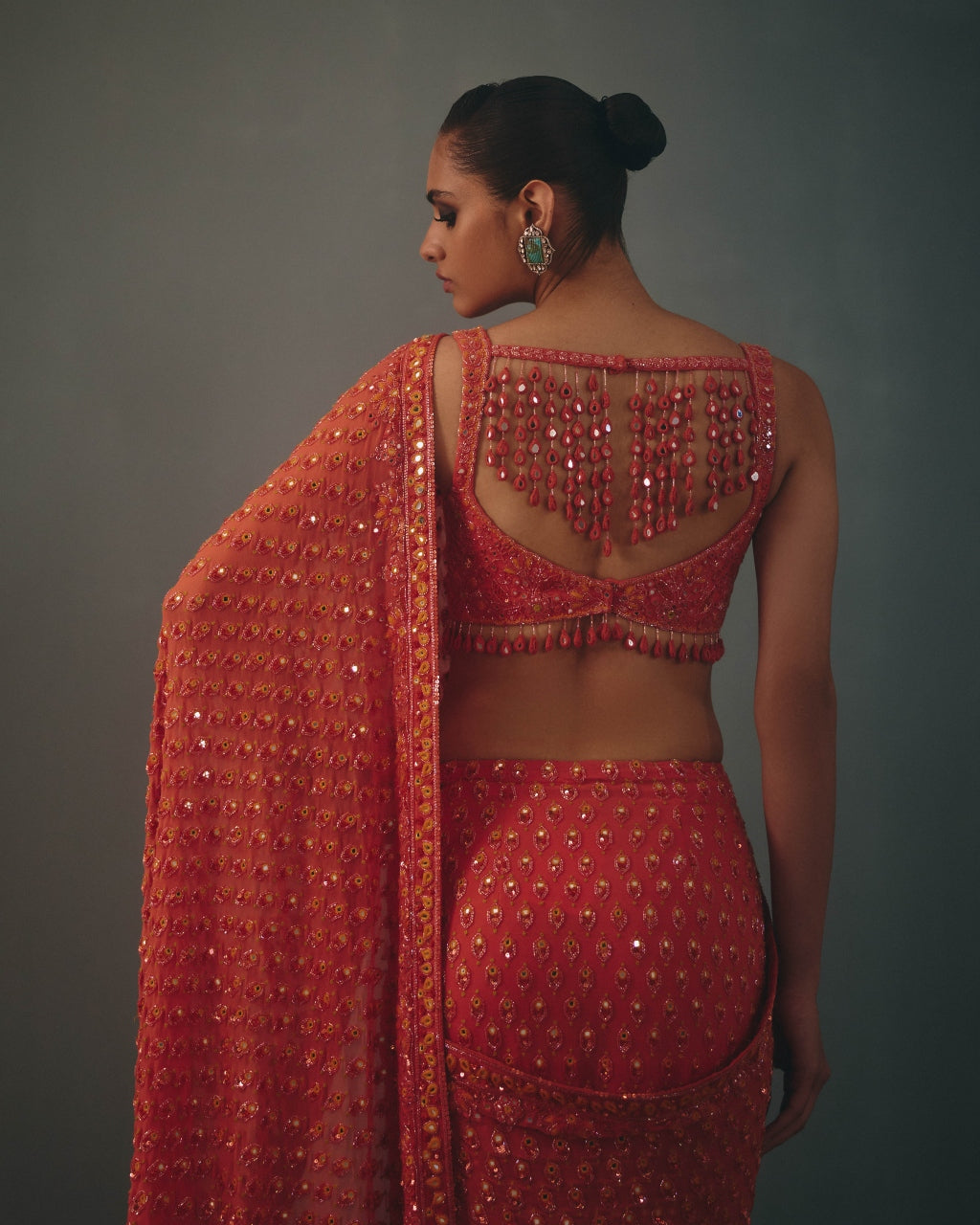 Coral & Multi Thread Hand Embroidered Classic Sari Set