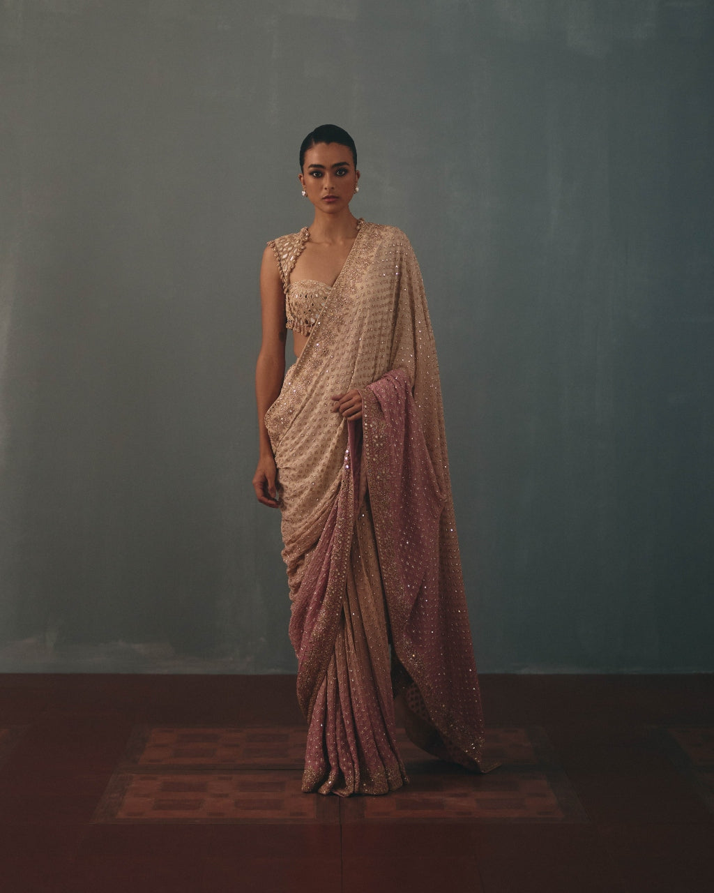 Coconut & Blue Multi Thread Hand Embroidered Classic Sari Set