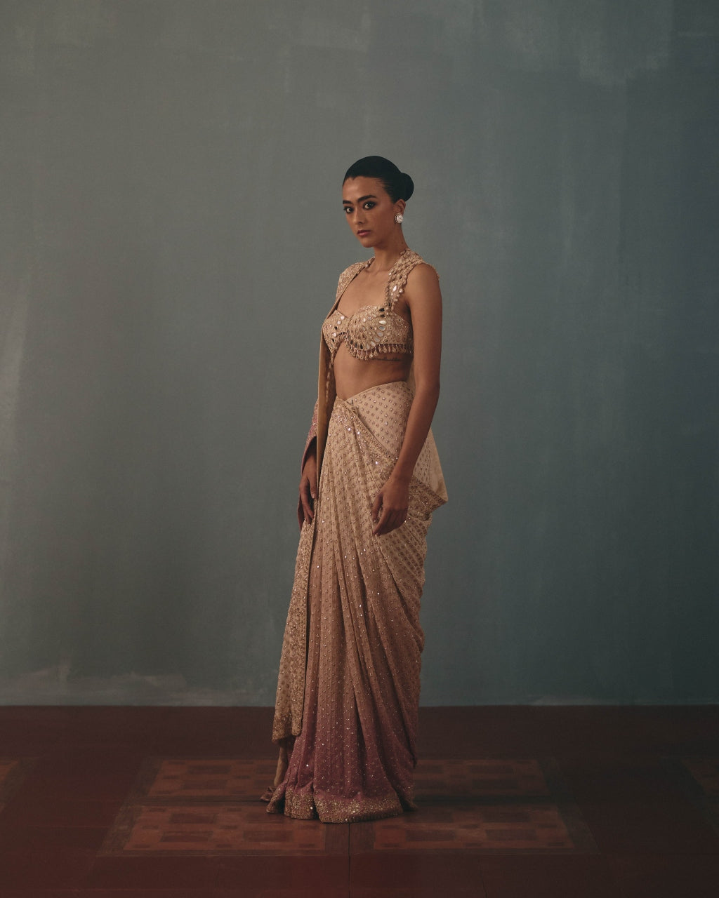 Coconut & Blue Multi Thread Hand Embroidered Classic Sari Set