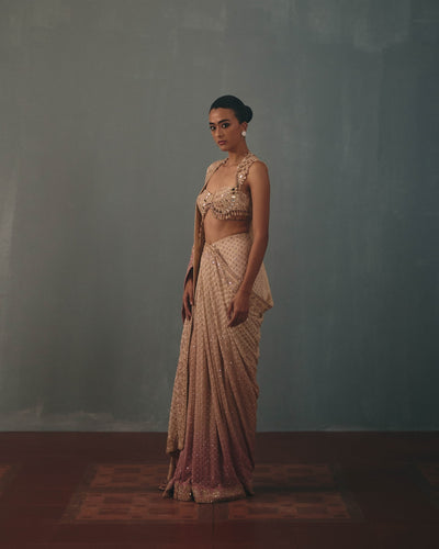 Coconut & Blue Multi Thread Hand Embroidered Classic Sari Set