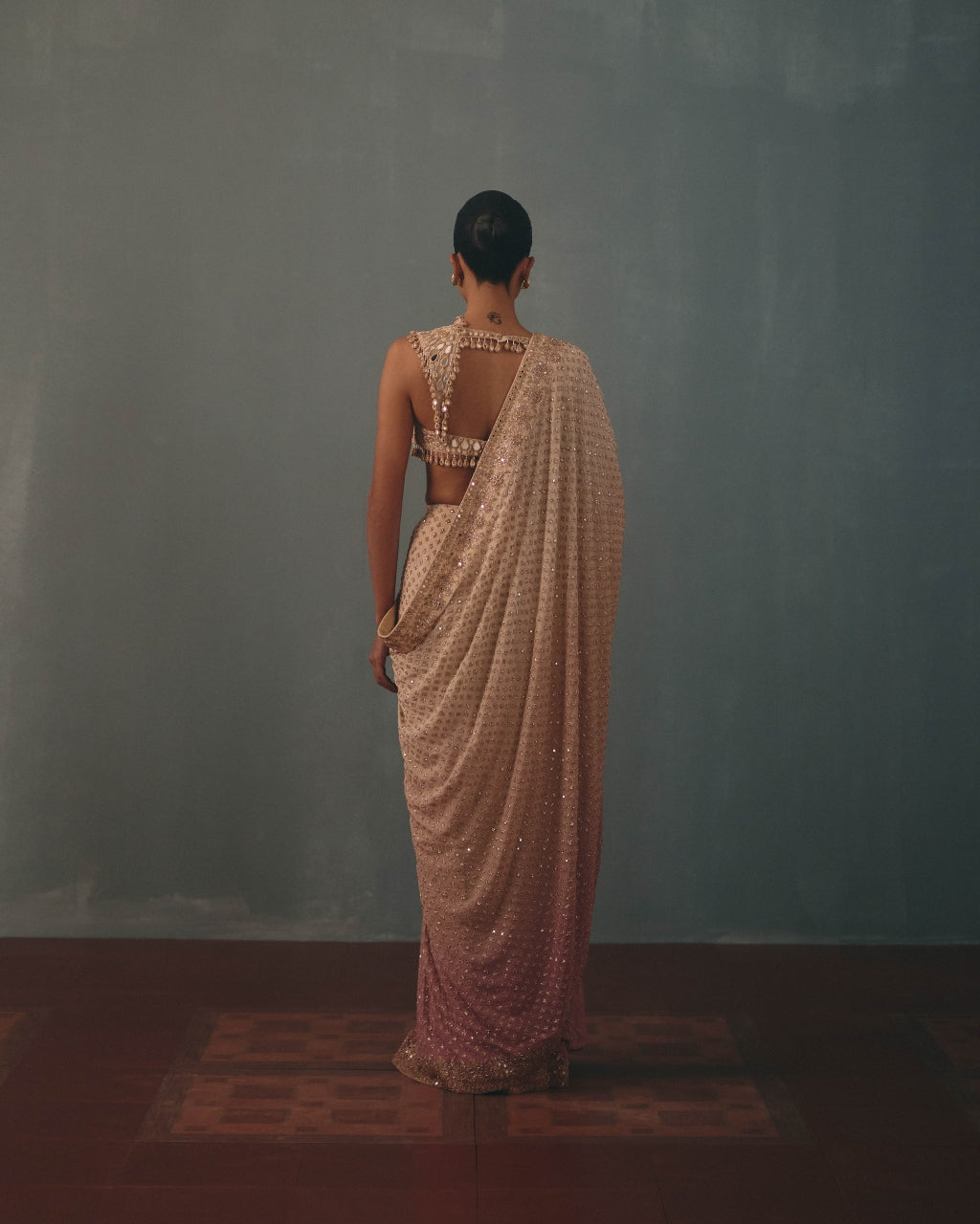Coconut & Blue Multi Thread Hand Embroidered Classic Sari Set
