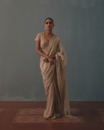 Rose Gold Tissue Hand Embroidered Half & Half Sari Set
