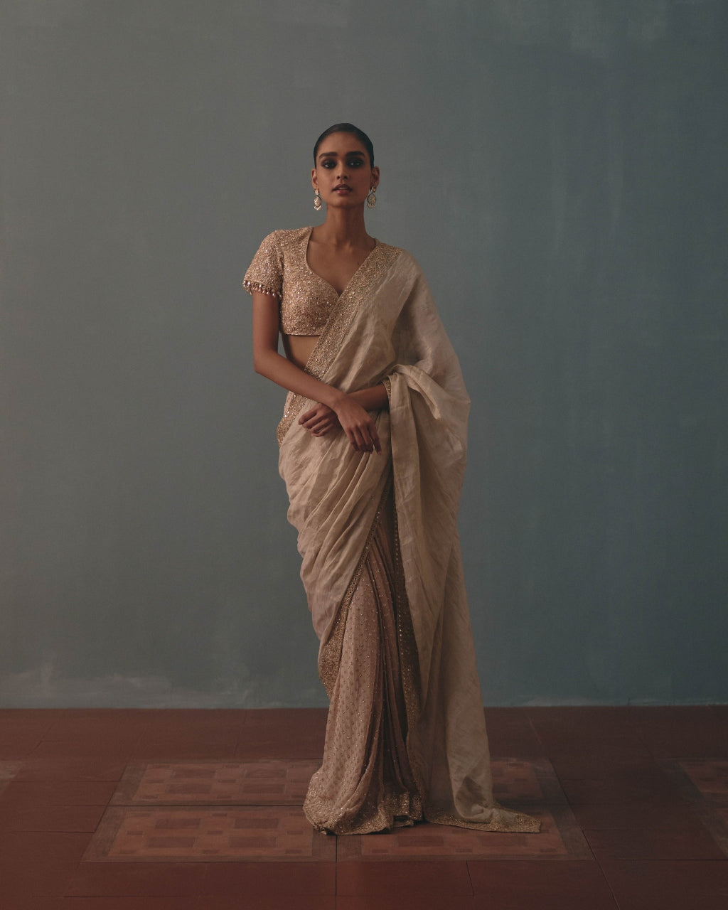 Rose Gold Tissue Hand Embroidered Half & Half Sari Set
