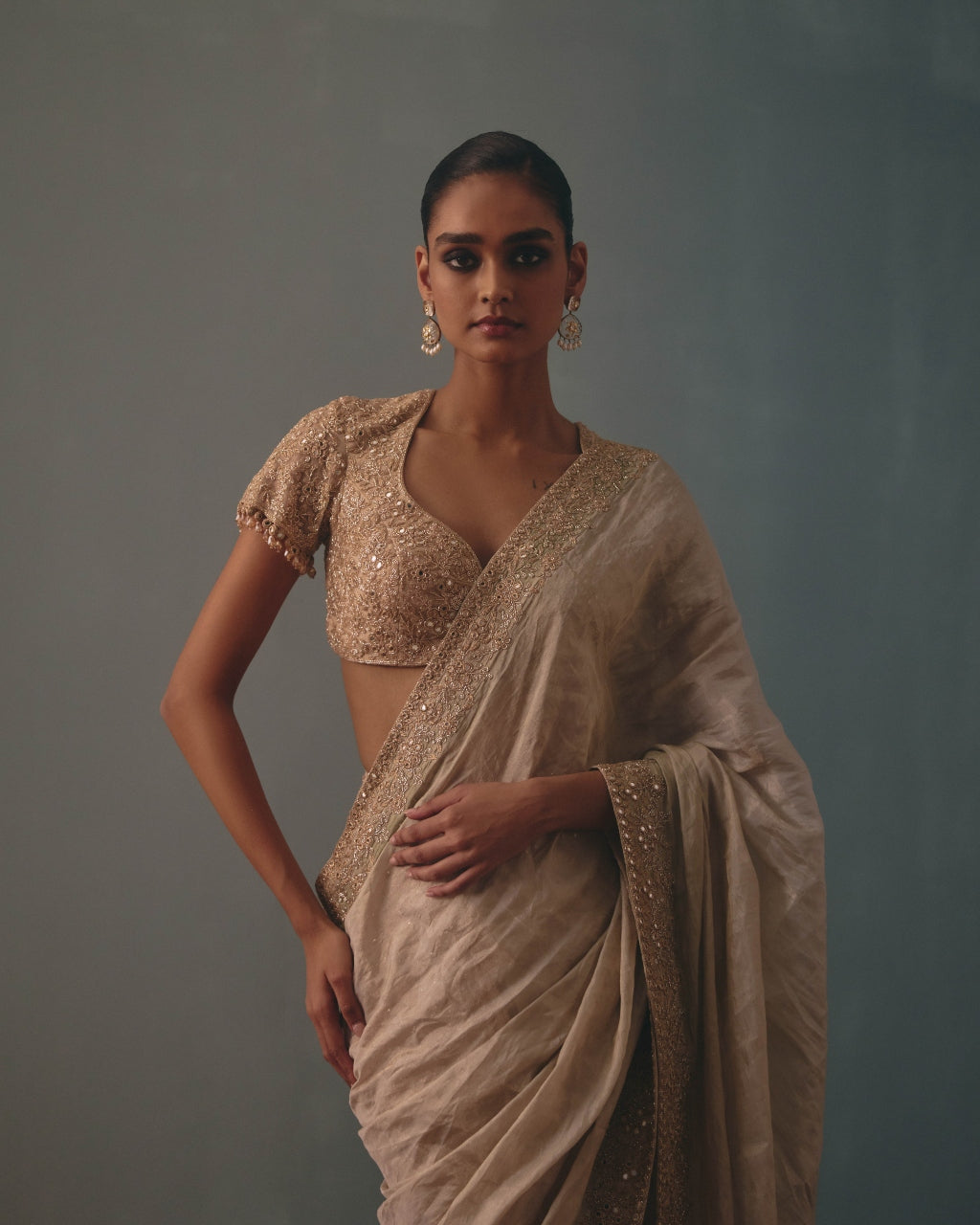 Rose Gold Tissue Hand Embroidered Half & Half Sari Set