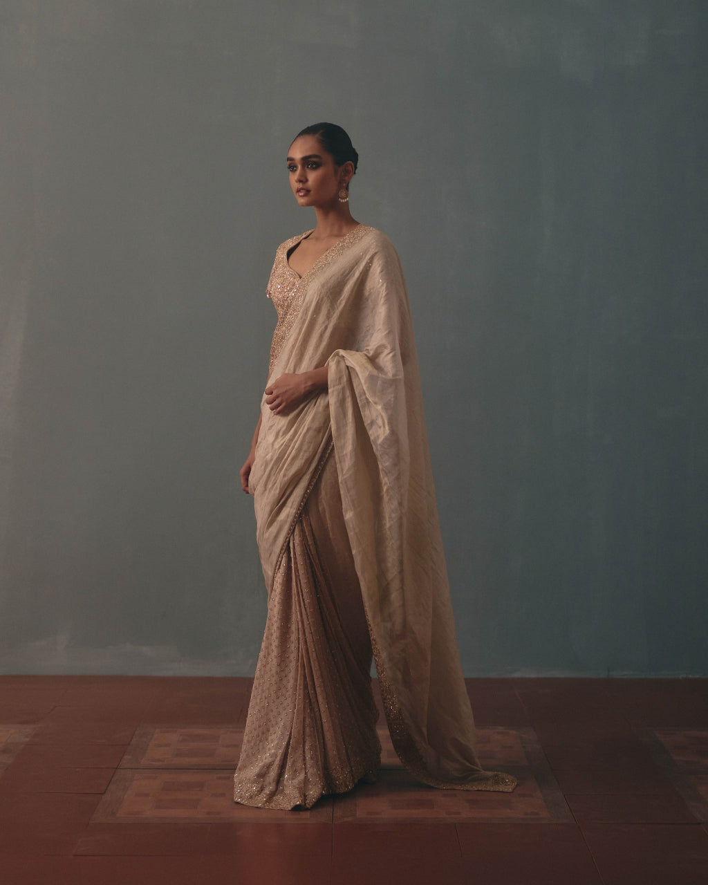 Rose Gold Tissue Hand Embroidered Half & Half Sari Set