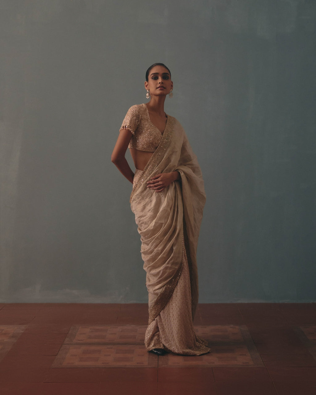 Rose Gold Tissue Hand Embroidered Half & Half Sari Set