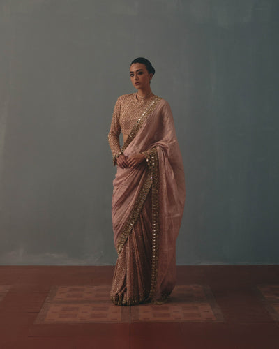 Old Rose Tissue Hand Embroidered Half & Half Sari Set