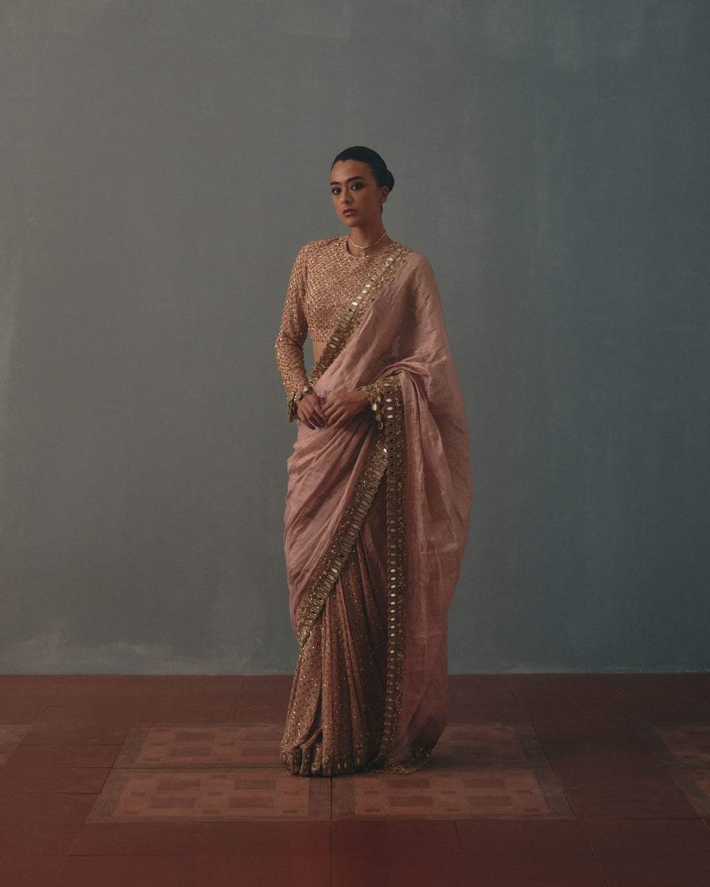 Old Rose Tissue Hand Embroidered Half & Half Sari Set