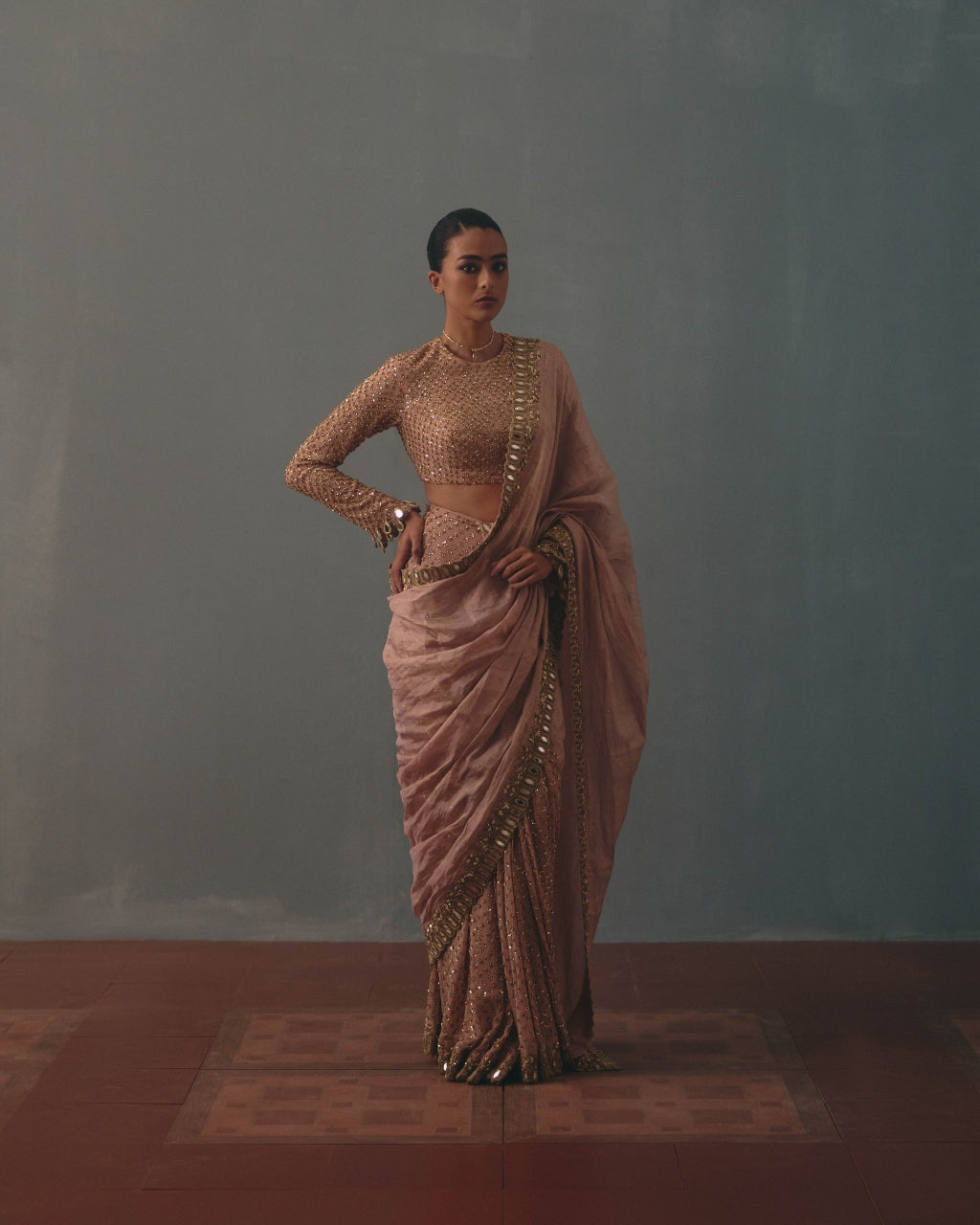 Old Rose Tissue Hand Embroidered Half & Half Sari Set