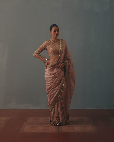 Old Rose Tissue Hand Embroidered Half & Half Sari Set