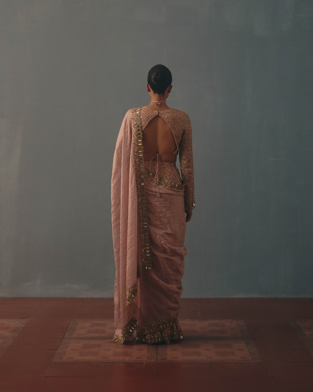 Old Rose Tissue Hand Embroidered Half & Half Sari Set