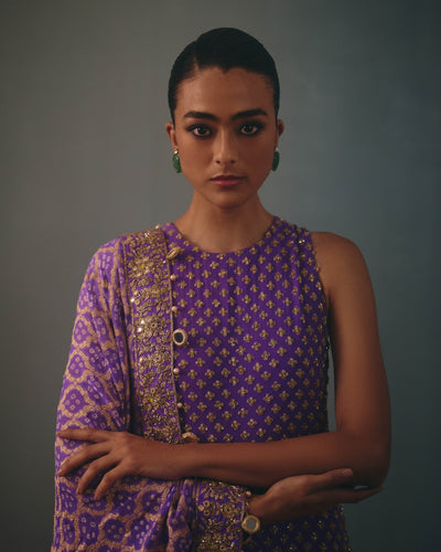 Purple Hand Embroidered Sleeveless Star Kurta Set
