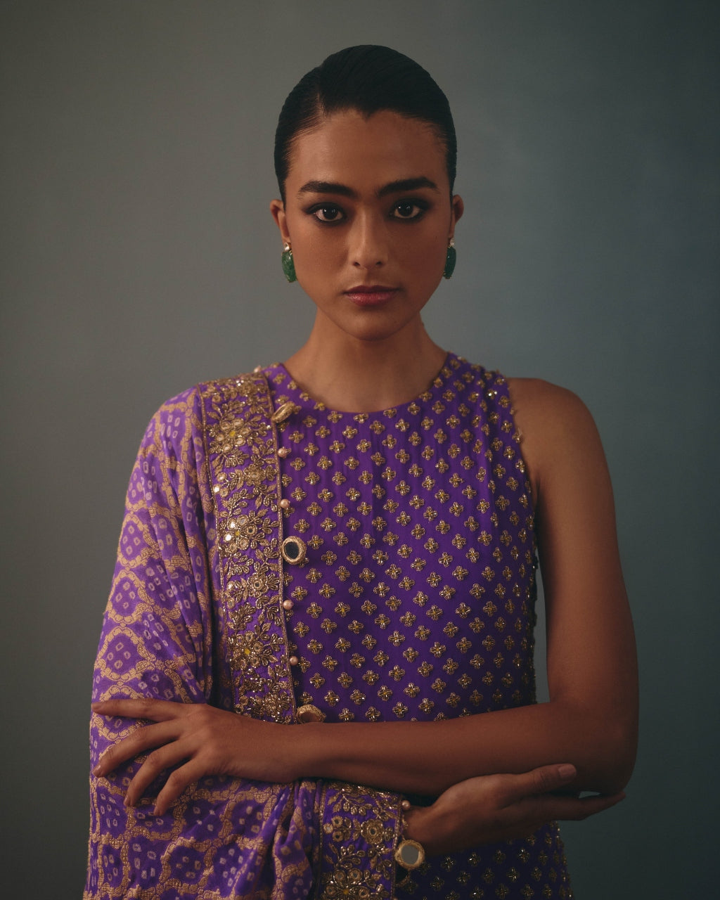 Purple Hand Embroidered Sleeveless Star Kurta Set