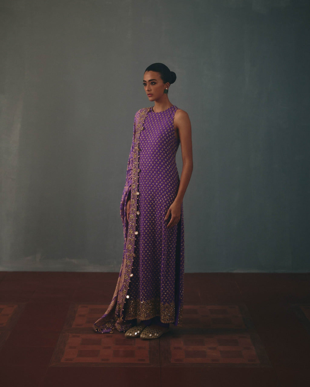 Purple Hand Embroidered Sleeveless Star Kurta Set