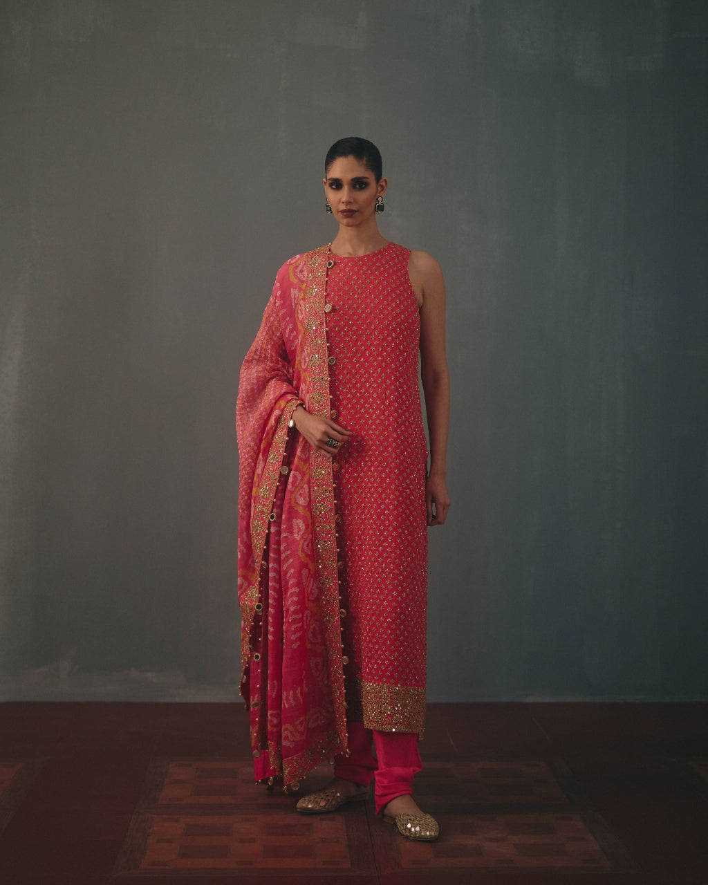 Coral Hand Embroidered Sleeveless Star Kurta Set