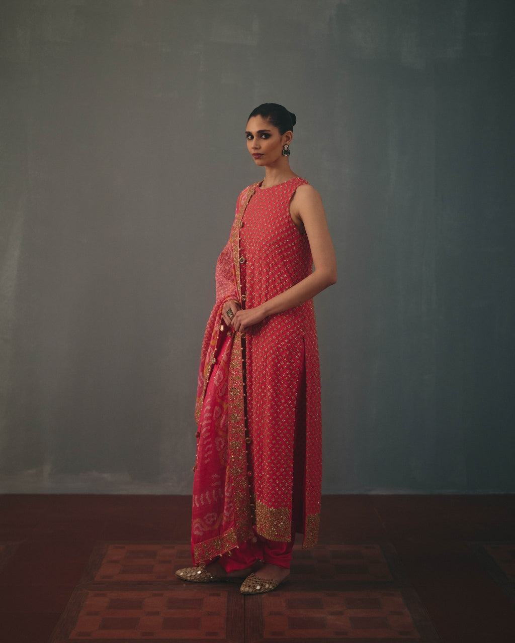 Coral Hand Embroidered Sleeveless Star Kurta Set