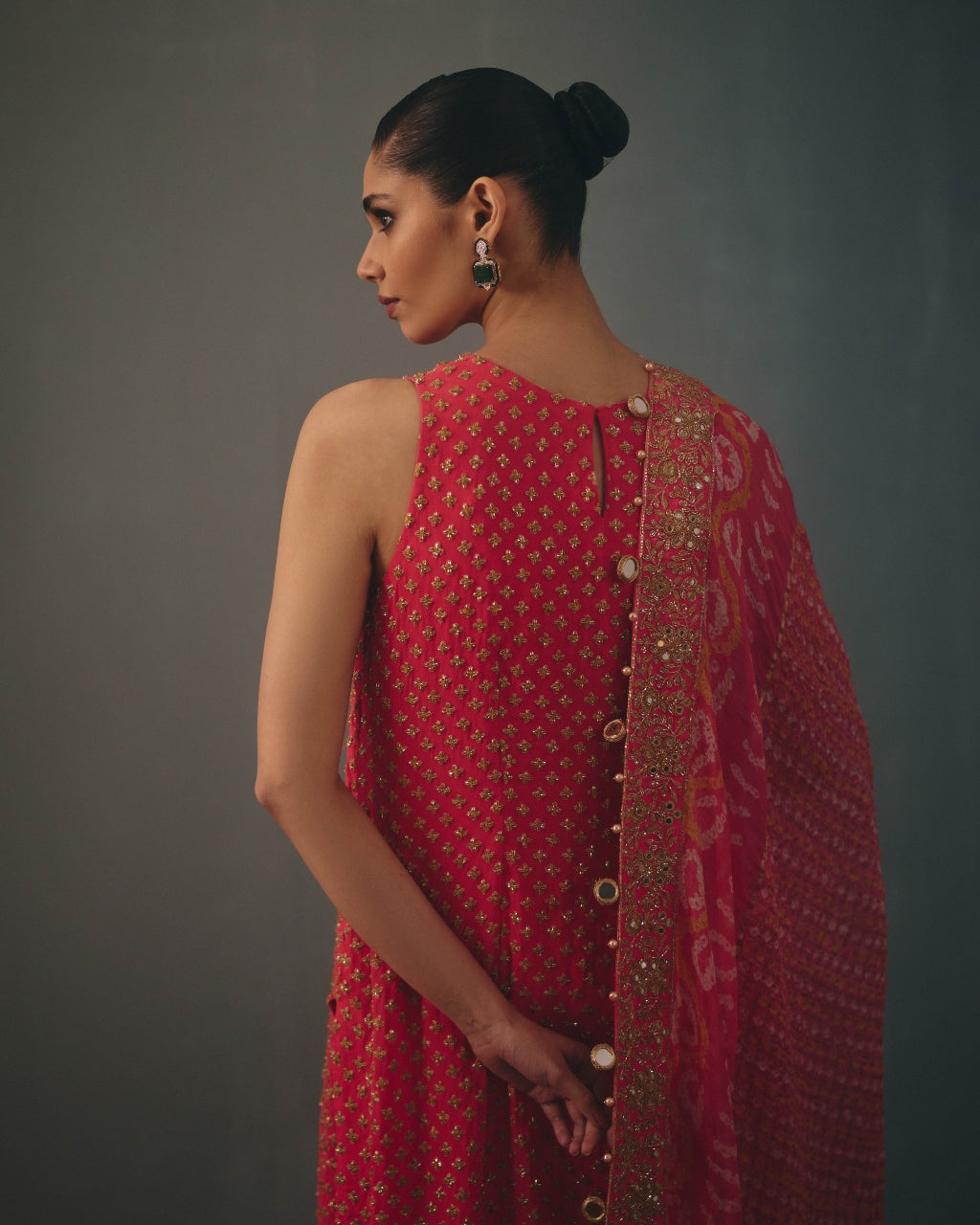 Coral Hand Embroidered Sleeveless Star Kurta Set