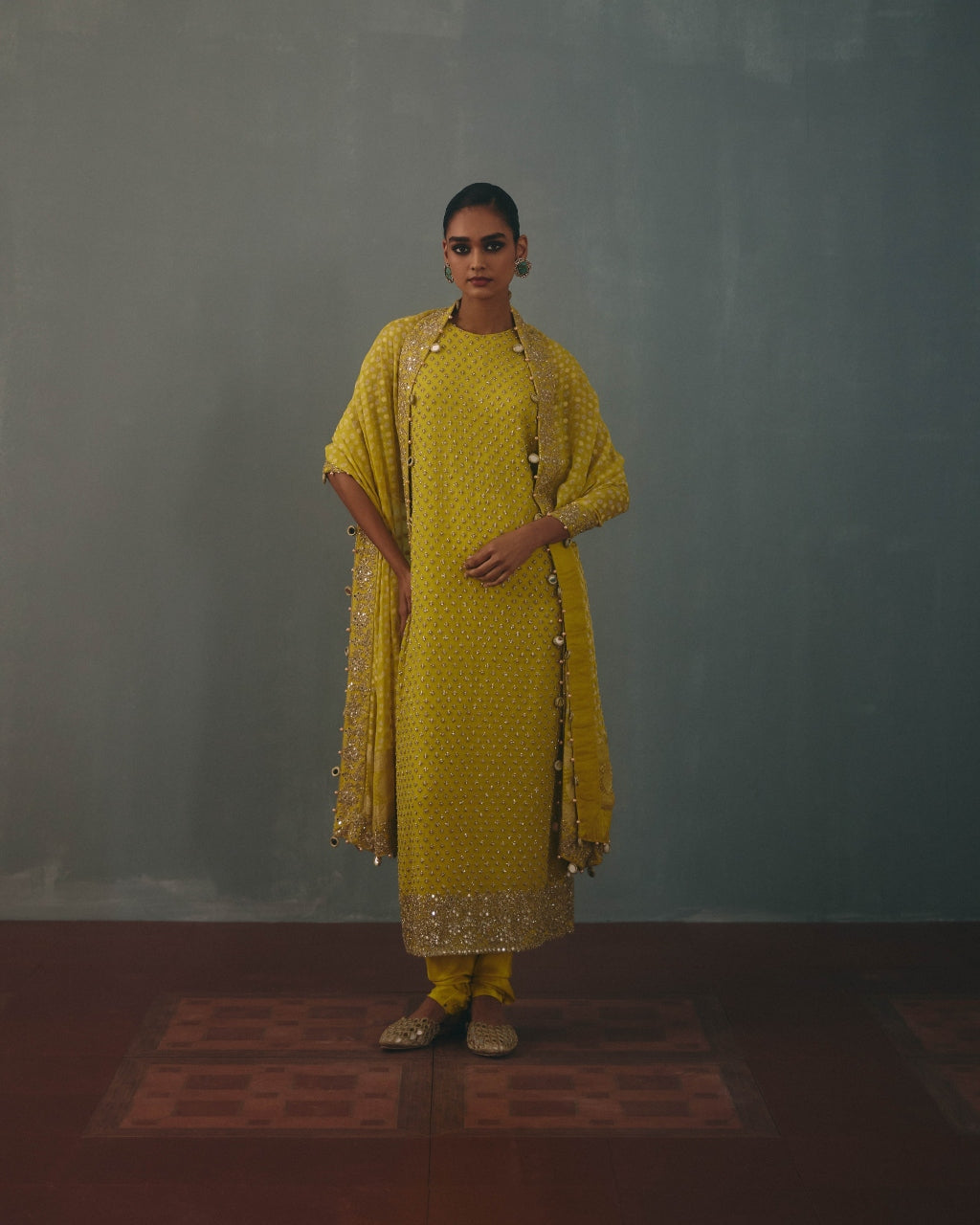Lime Hand Embroidered Sleeveless Star Kurta Set
