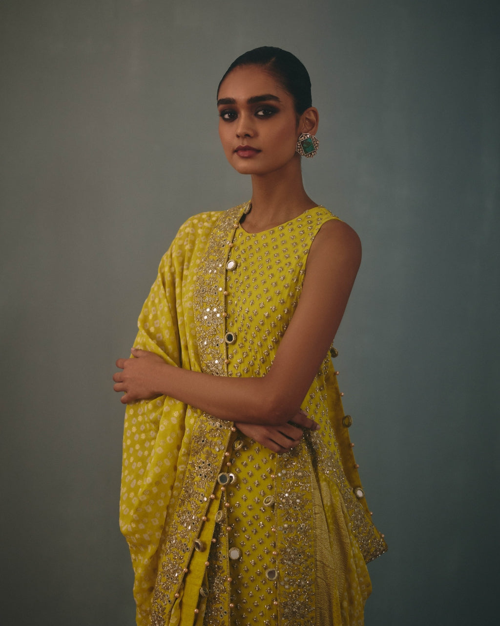 Lime Hand Embroidered Sleeveless Star Kurta Set