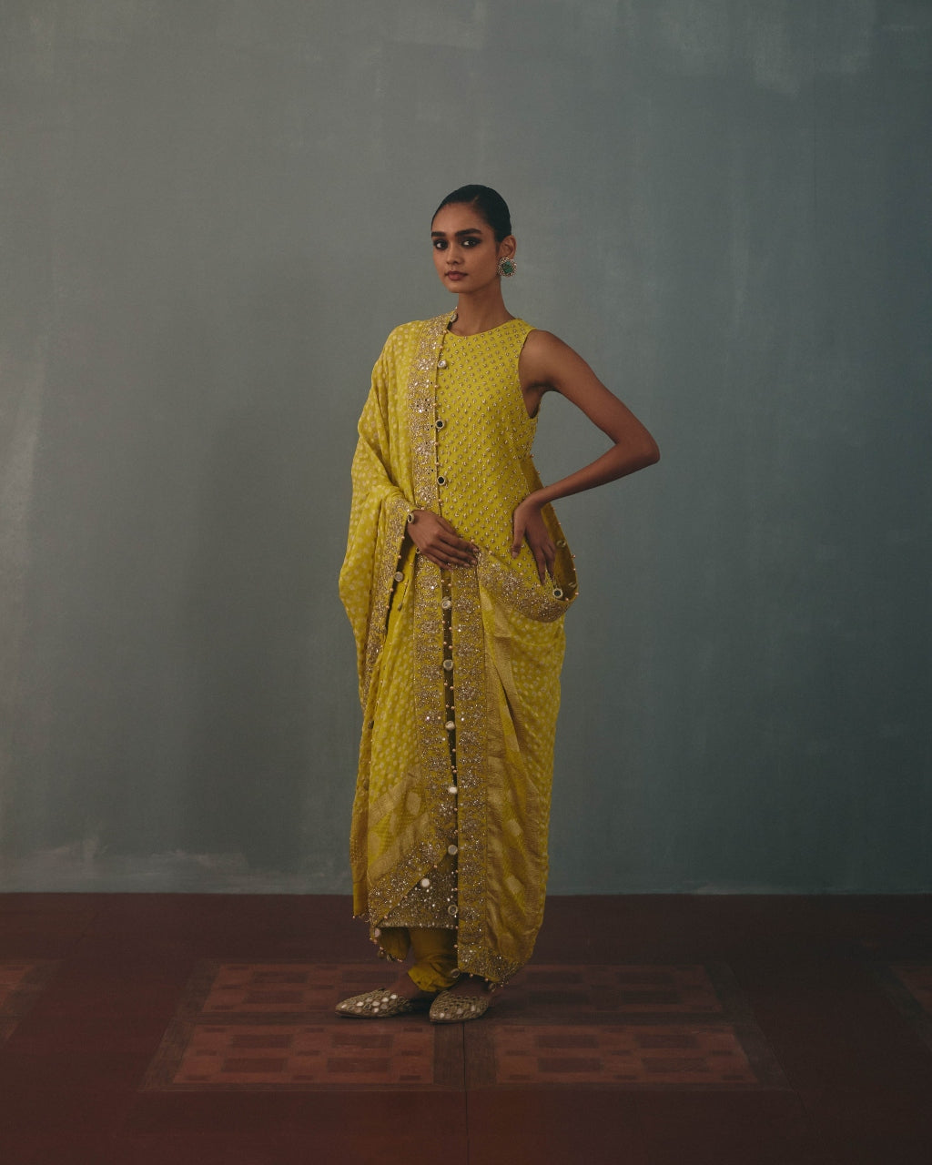 Lime Hand Embroidered Sleeveless Star Kurta Set