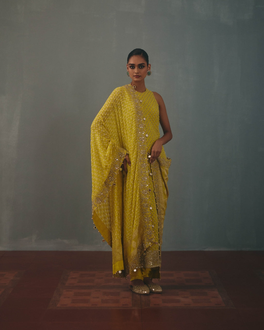 Lime Hand Embroidered Sleeveless Star Kurta Set