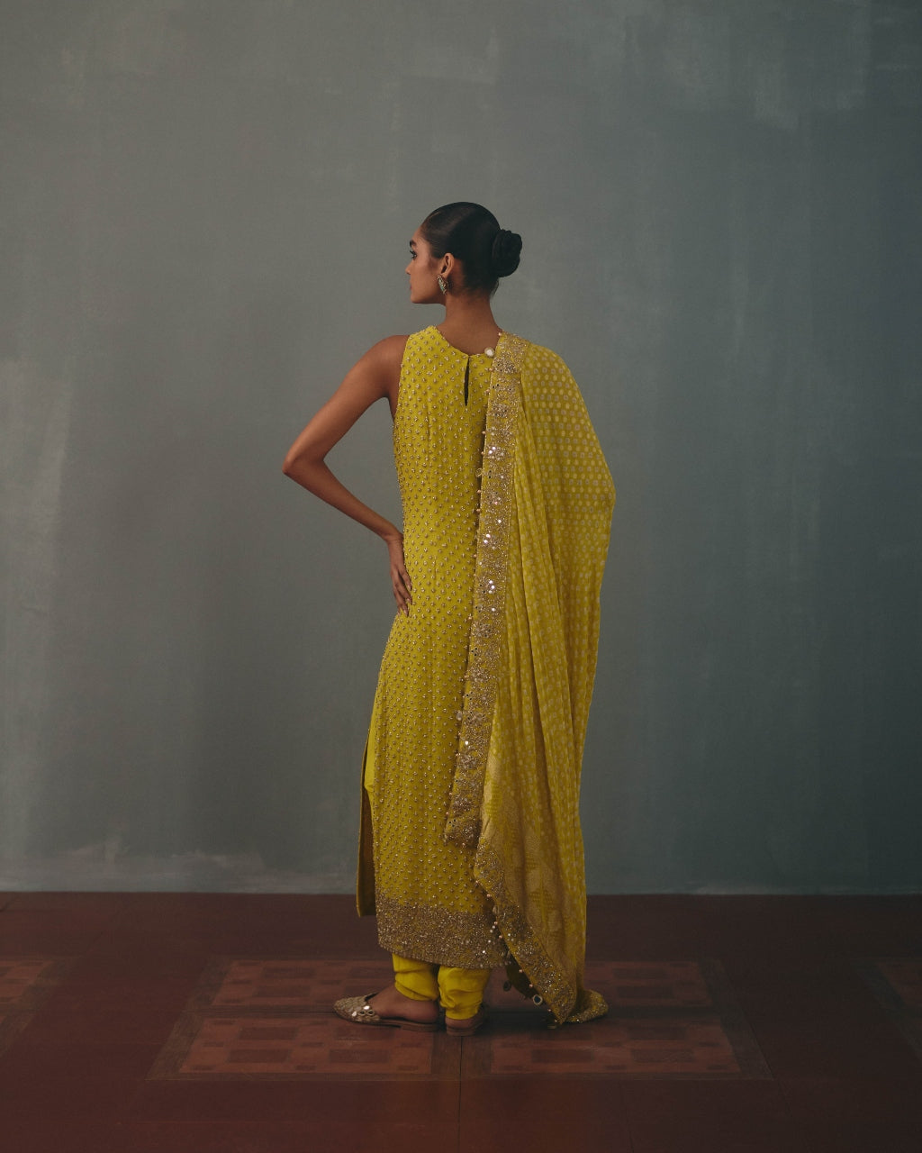 Lime Hand Embroidered Sleeveless Star Kurta Set