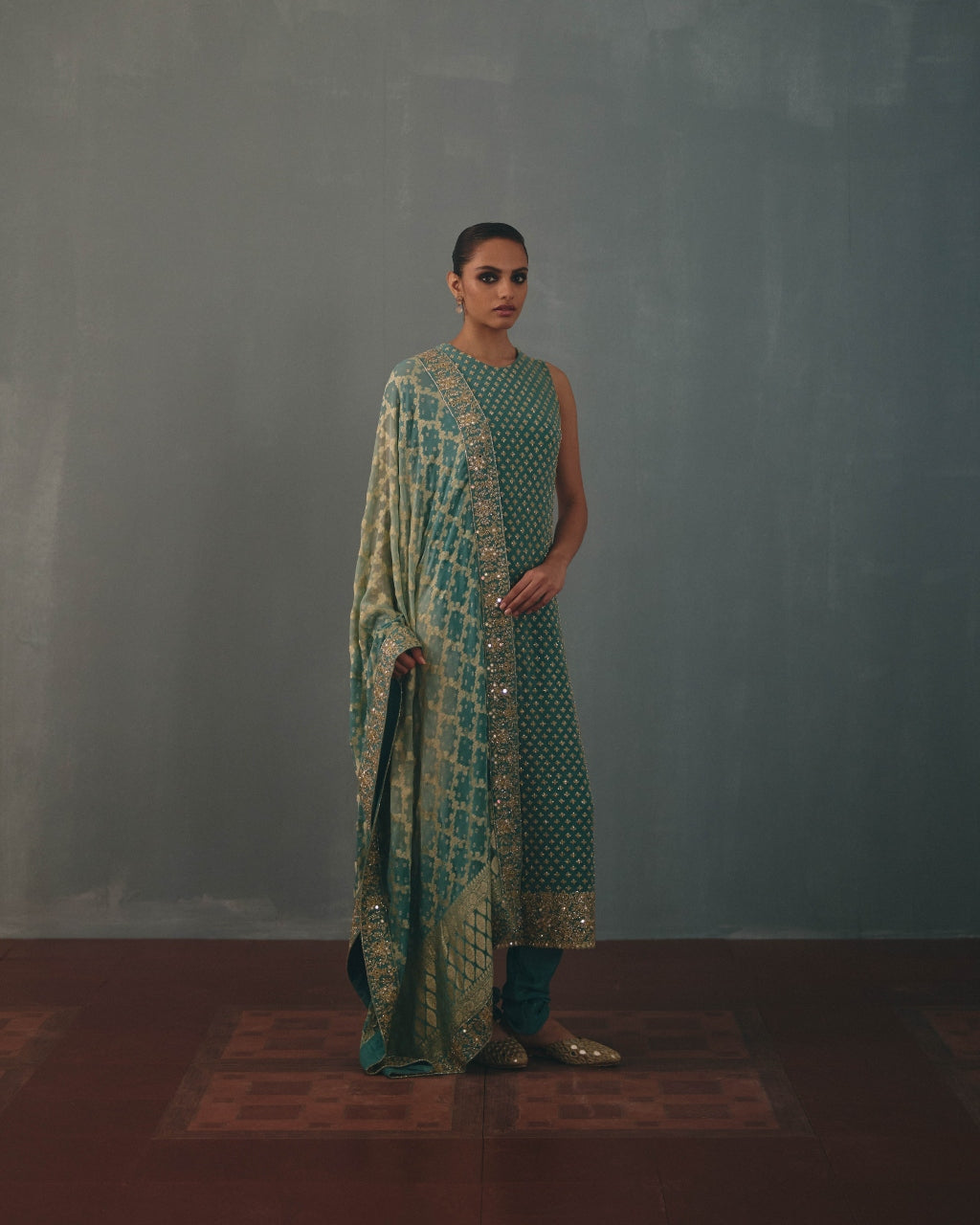 Ice Blue Hand Embroidered Sleeveless Star Kurta Set