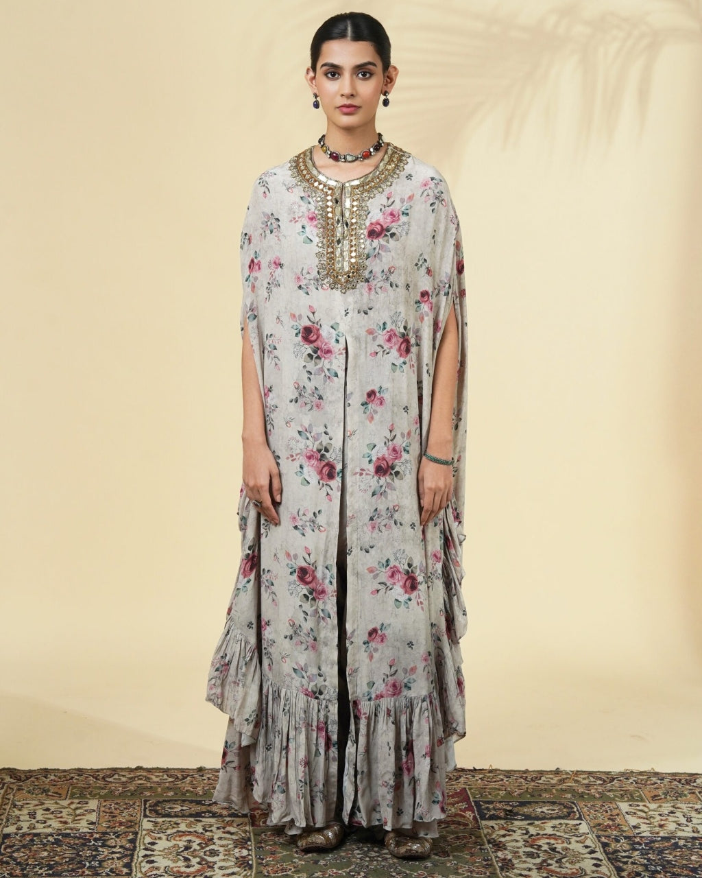 Rose Print Hand Embroidered Cape Set