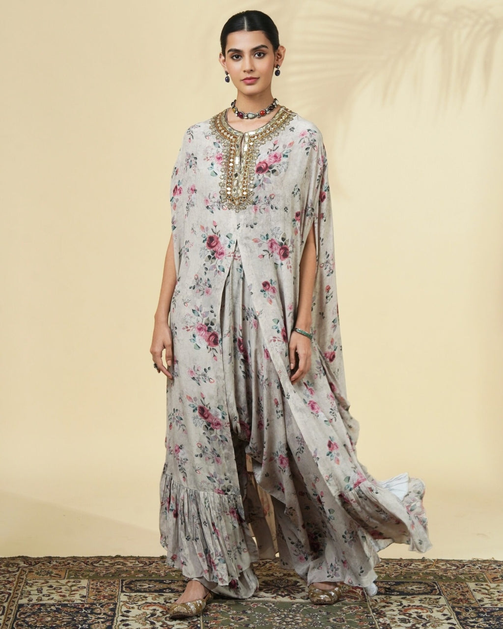 Rose Print Hand Embroidered Cape Set