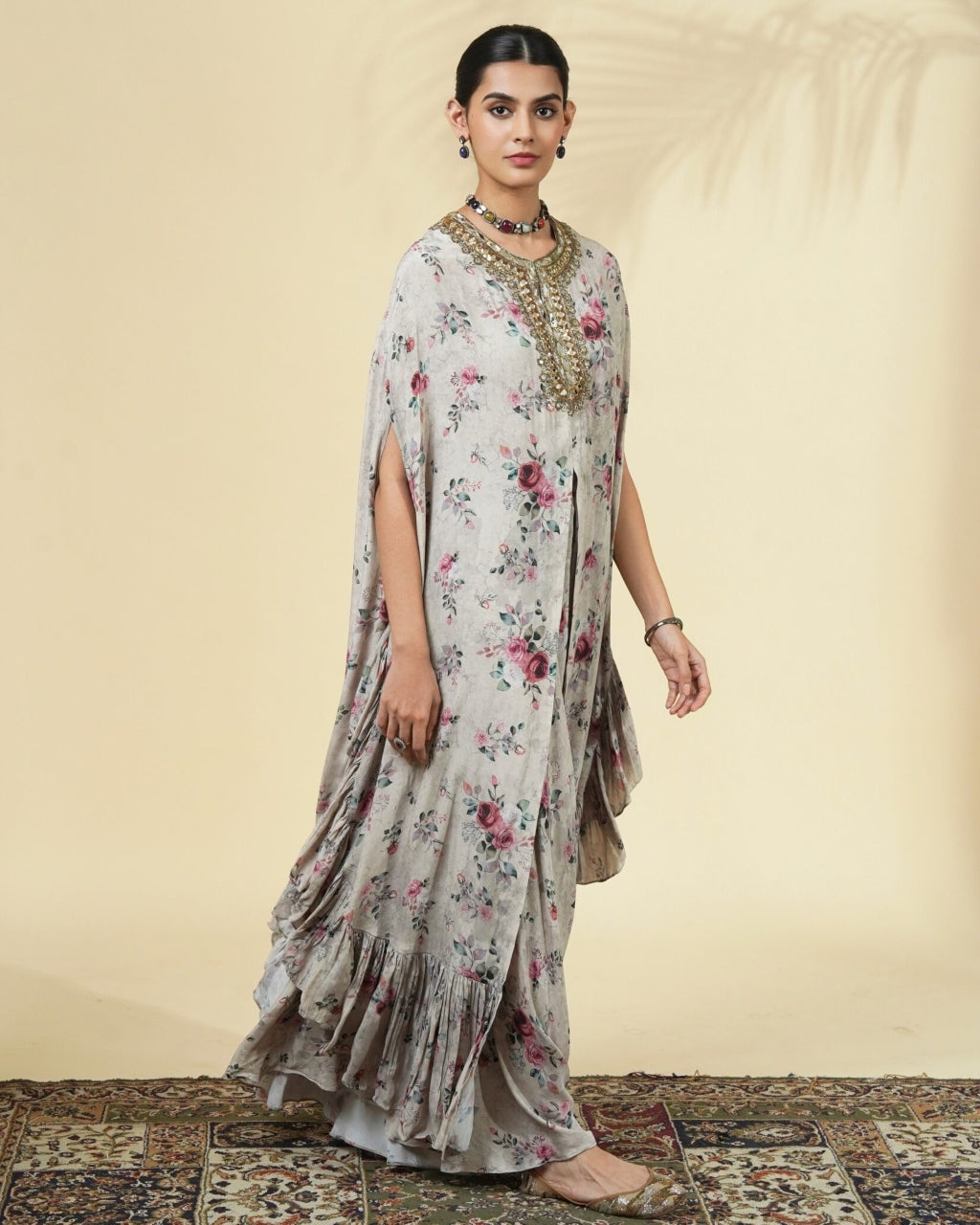 Rose Print Hand Embroidered Cape Set