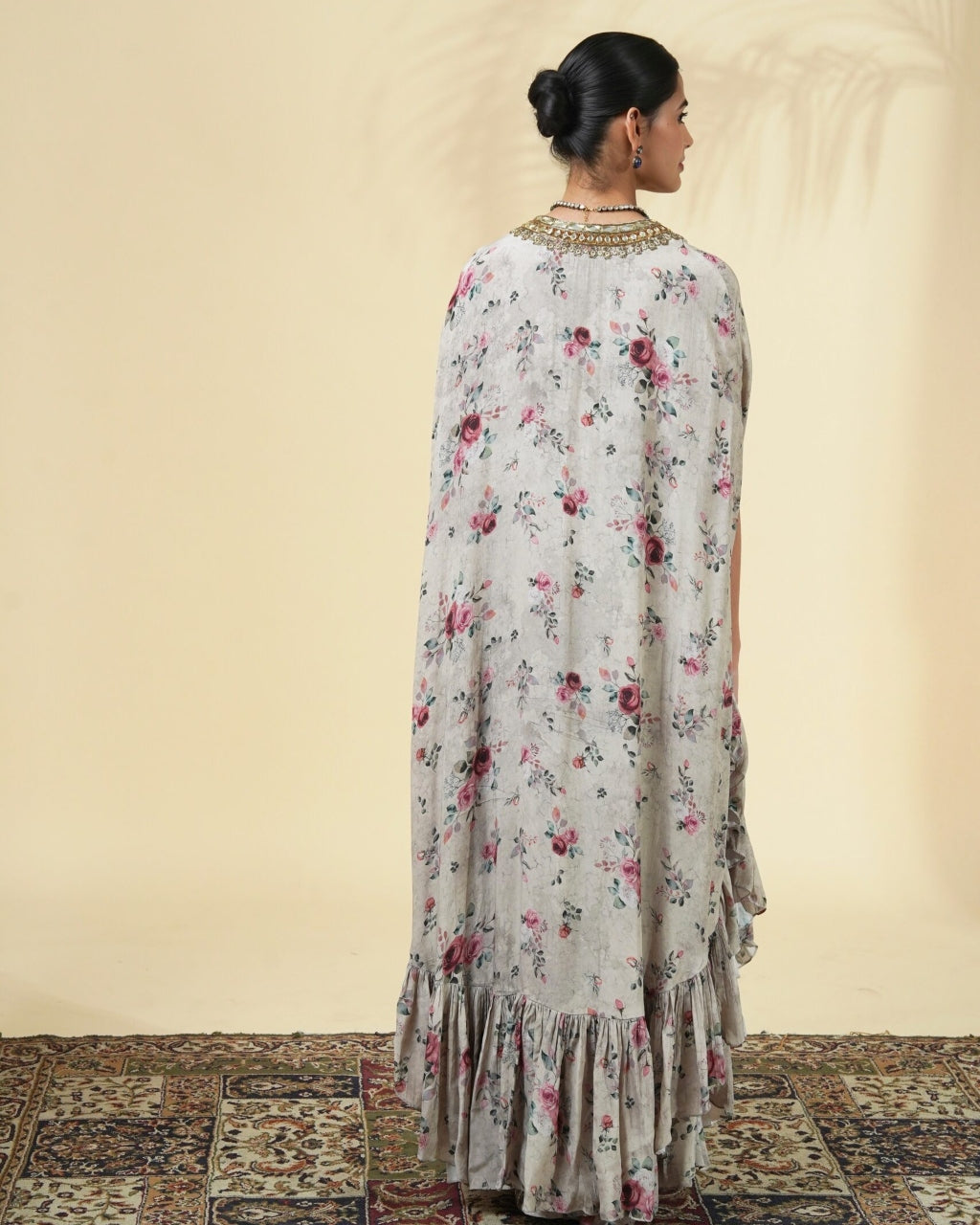 Rose Print Hand Embroidered Cape Set