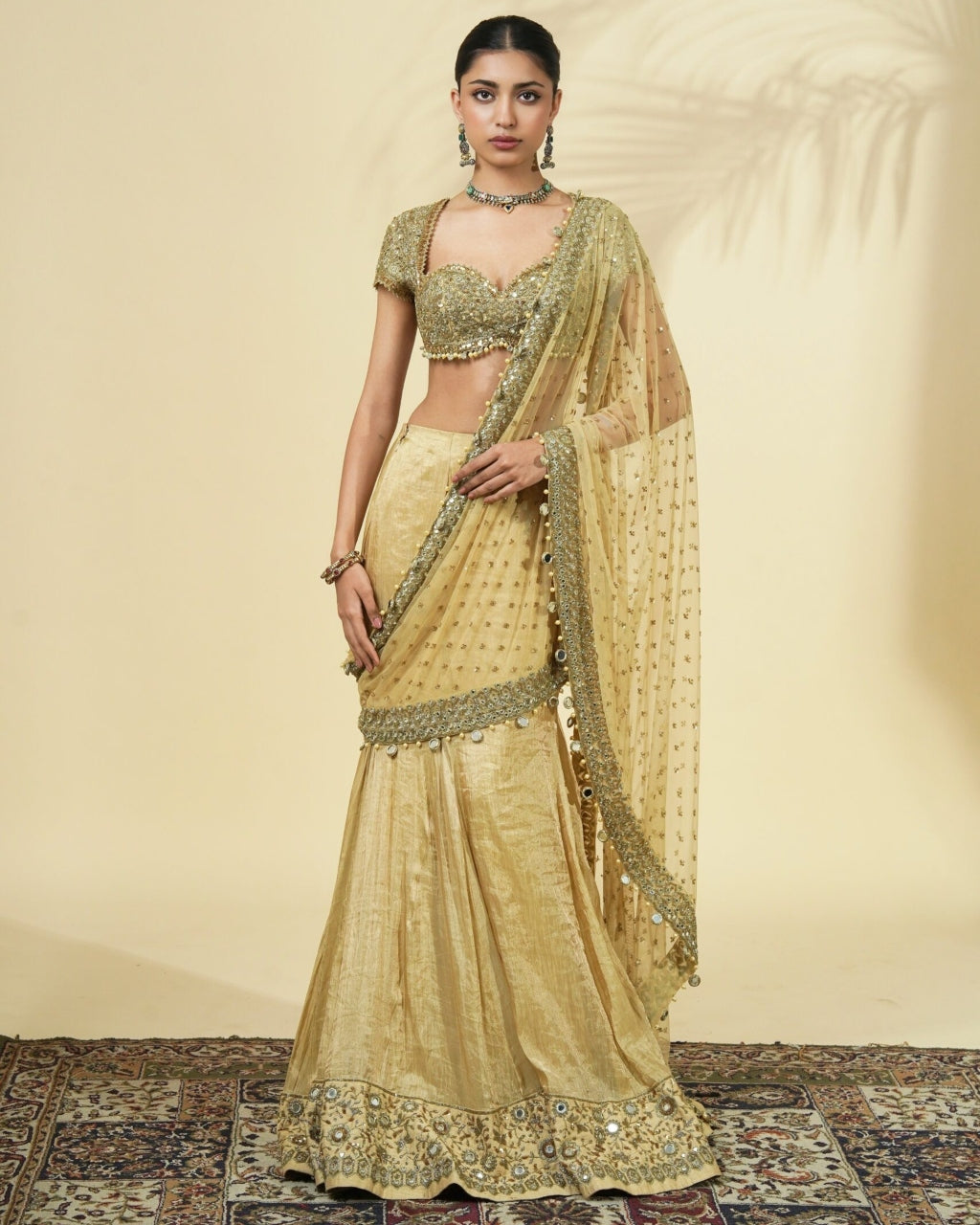 Gold Tissue Godet Sari Set