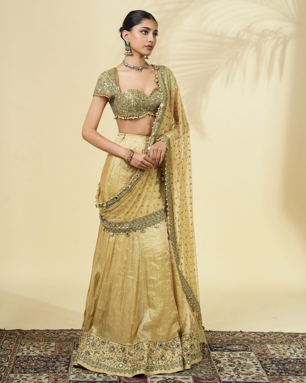 Gold Tissue Godet Sari Set