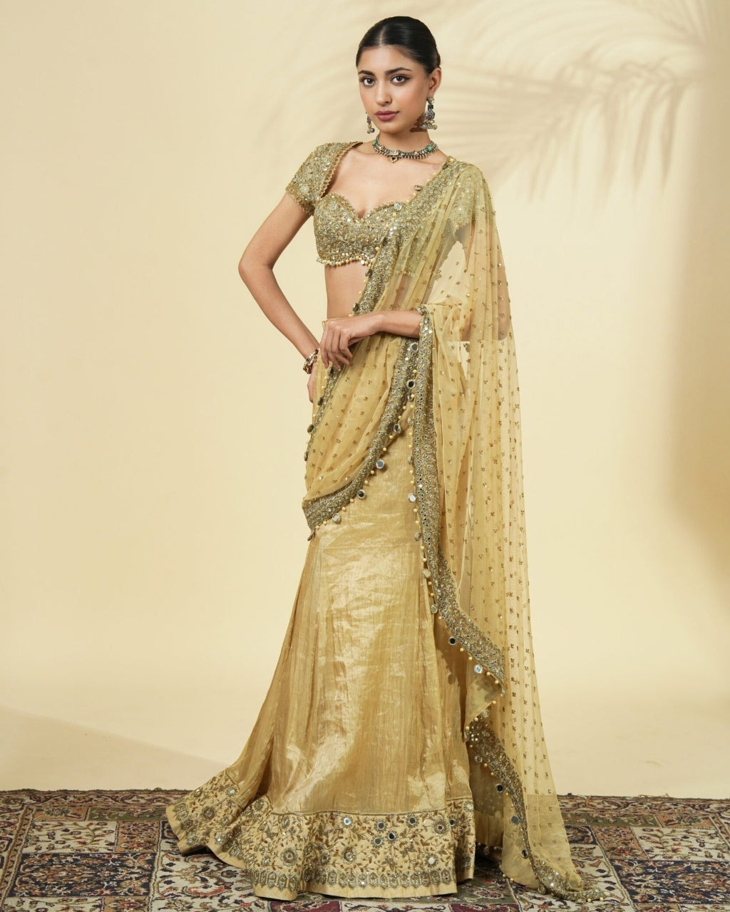 Gold Tissue Godet Sari Set