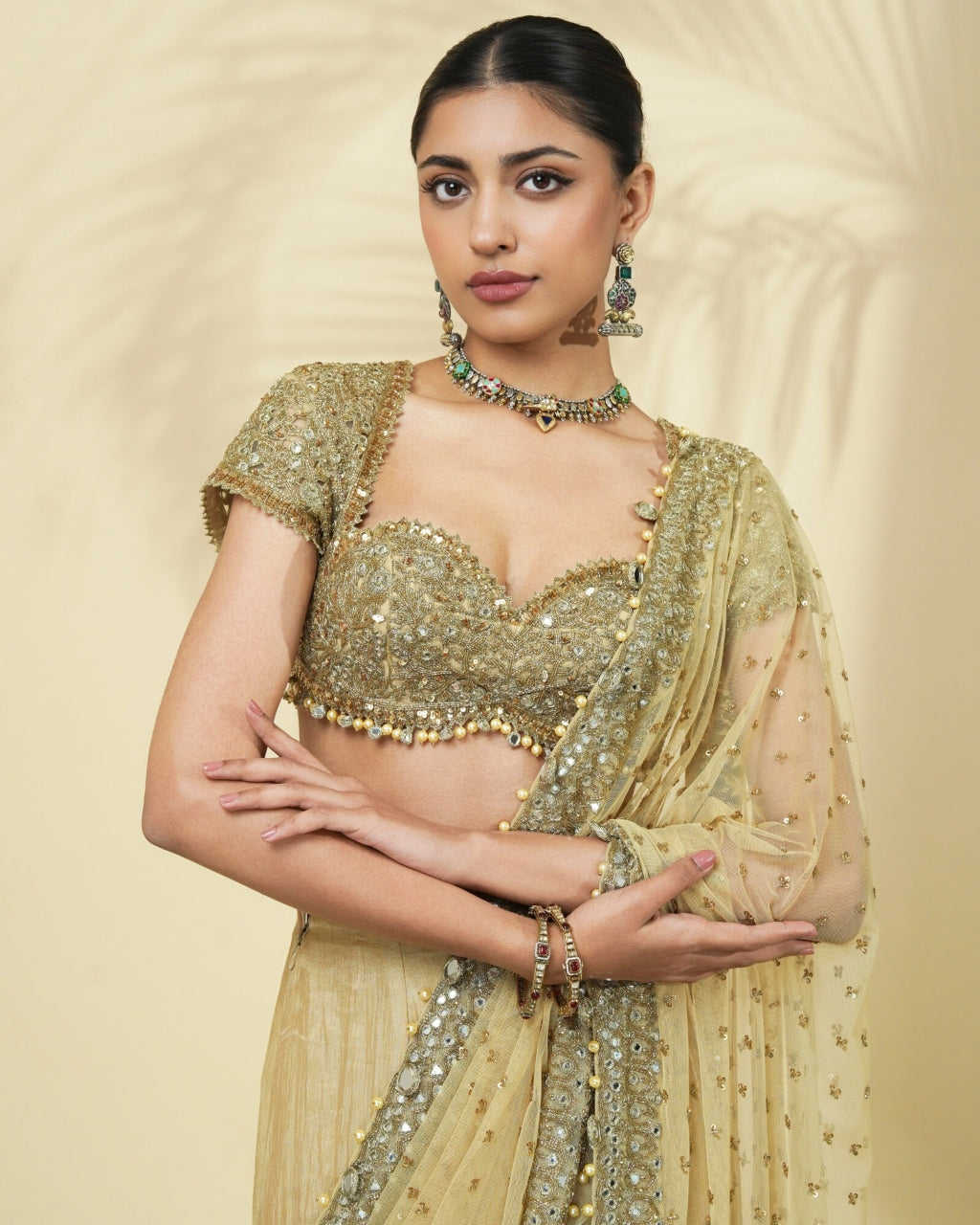 Gold Tissue Godet Sari Set