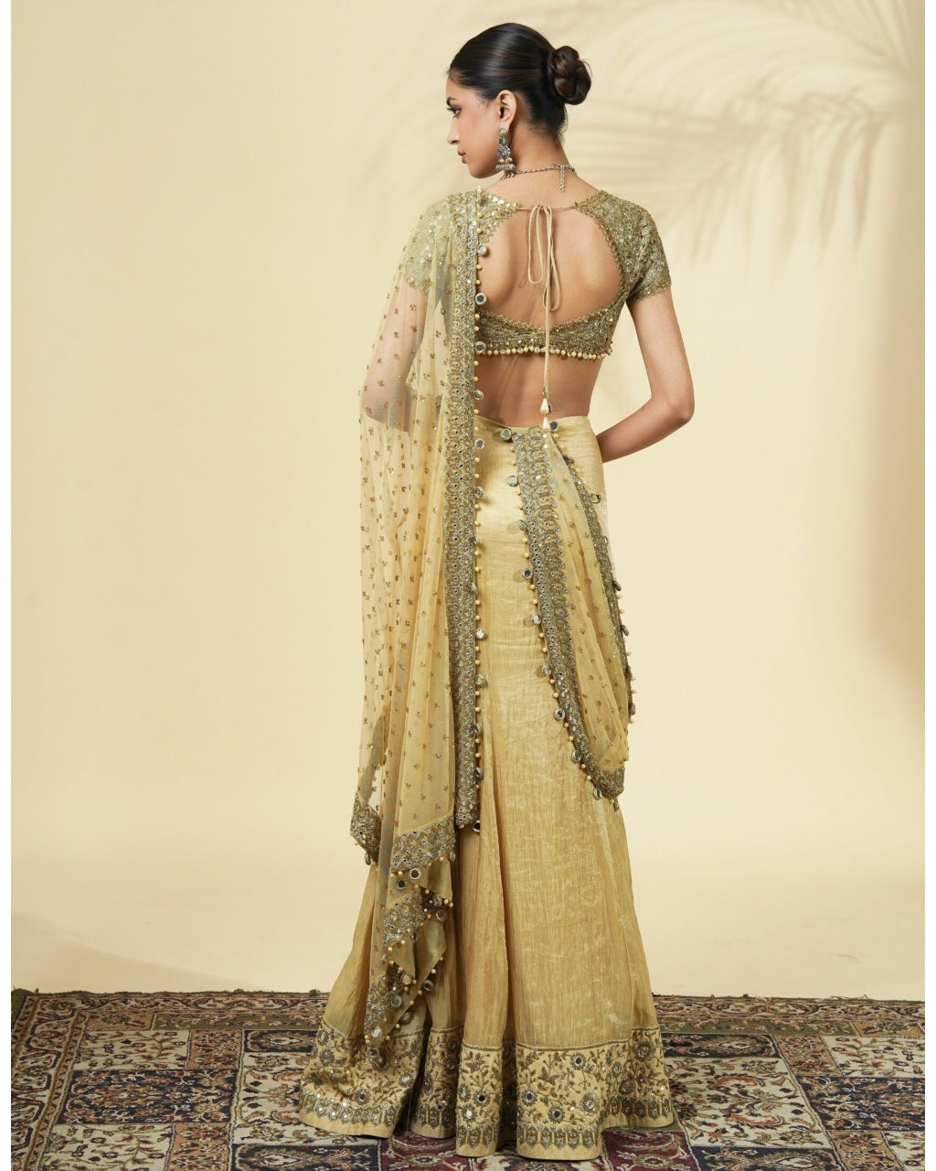 Gold Tissue Godet Sari Set