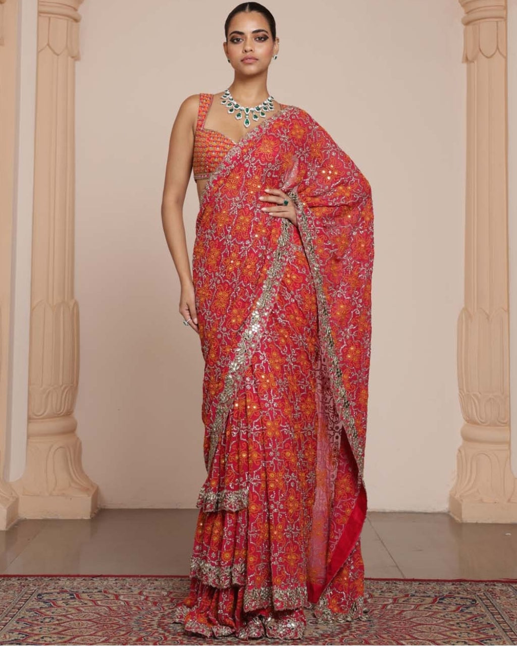 Pink And Rose Gold Ruffle Sari Set